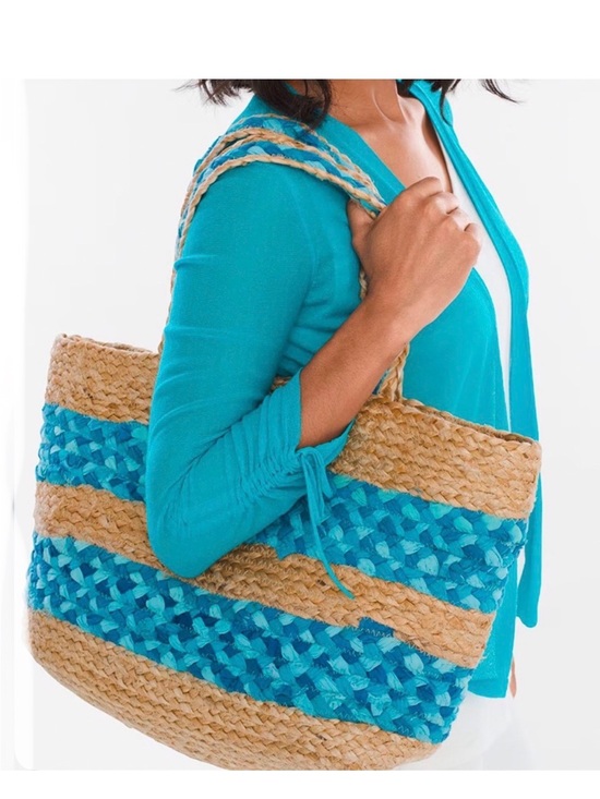 Chico's Handbags - CHICO’S Beige Woven Jute Raffia Turquoise Blue Fabric Beach Travel Shoulder Tote